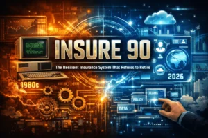 Insure 90 insurance system showing legacy IBM AS400 technology integrated with modern digital insurance platforms