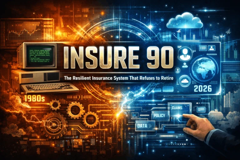 Insure 90 insurance system showing legacy IBM AS400 technology integrated with modern digital insurance platforms